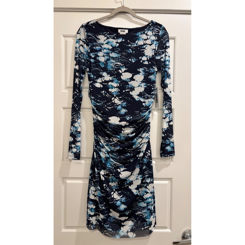DKNY Womens Blue Abstract Floral Mesh Ruched Mini Dress DD5M2J49 Size 10
